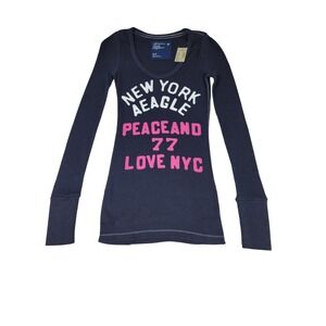 American Eagle NEW Y2K Womens S Navy Waffle Knit Graphic Long Sleeve Thermal Top